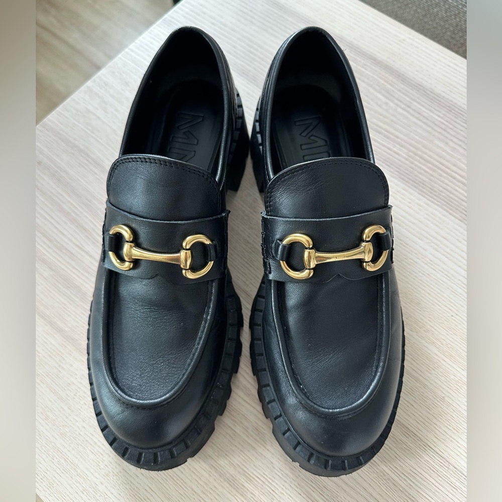 Mango Black Leather Loafers with Gold Detail